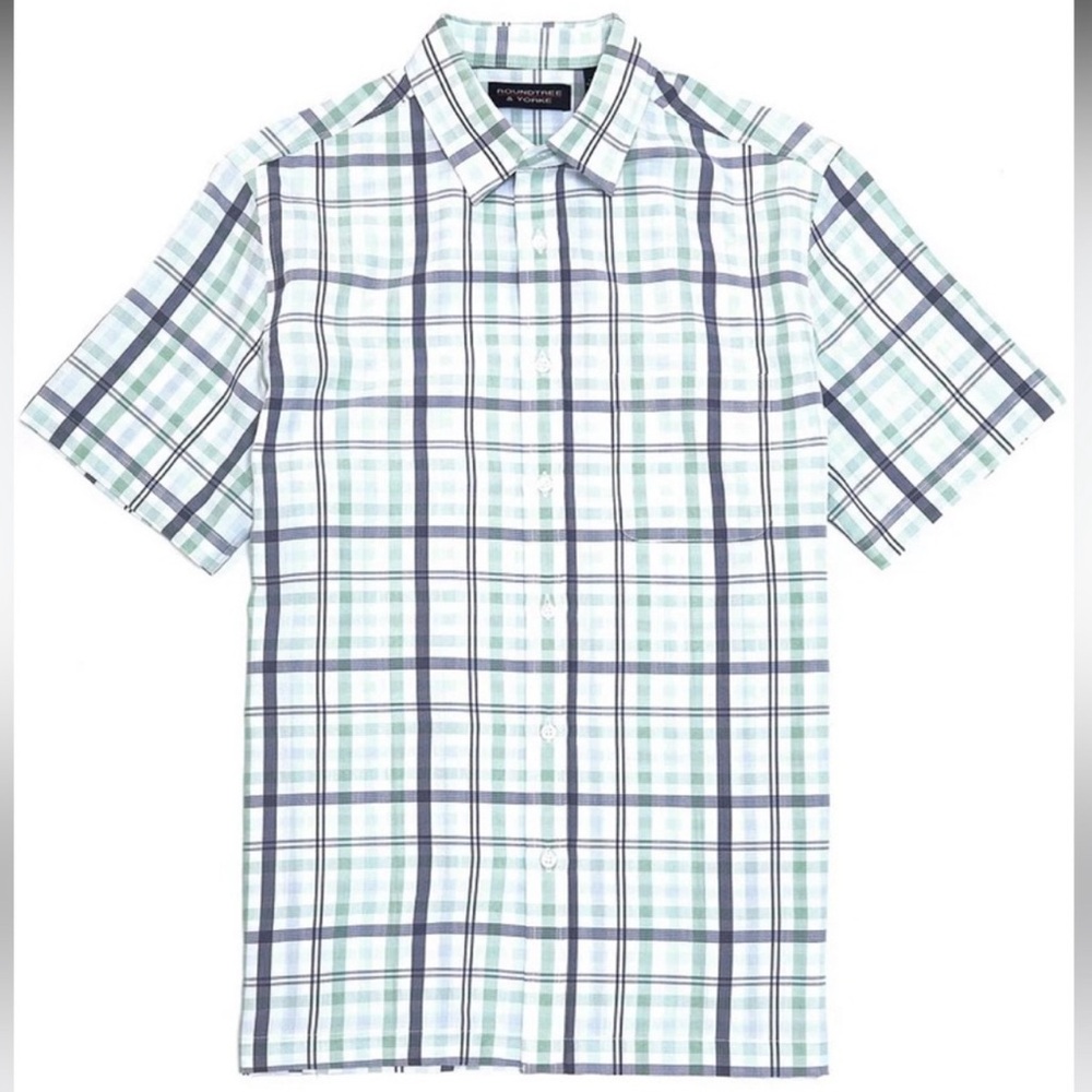Roundtree & Yorke Short Sleeve Checkered Shirt - Mint Green Plaid. Size L